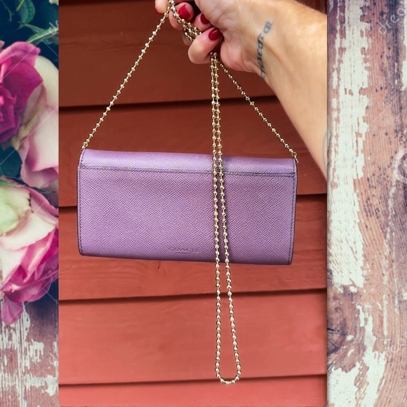 COACH PURPLE CROSSBODY BAG CLUTCH WALLET ON GOLD BEADED CHAIN - Picture 5 of 16